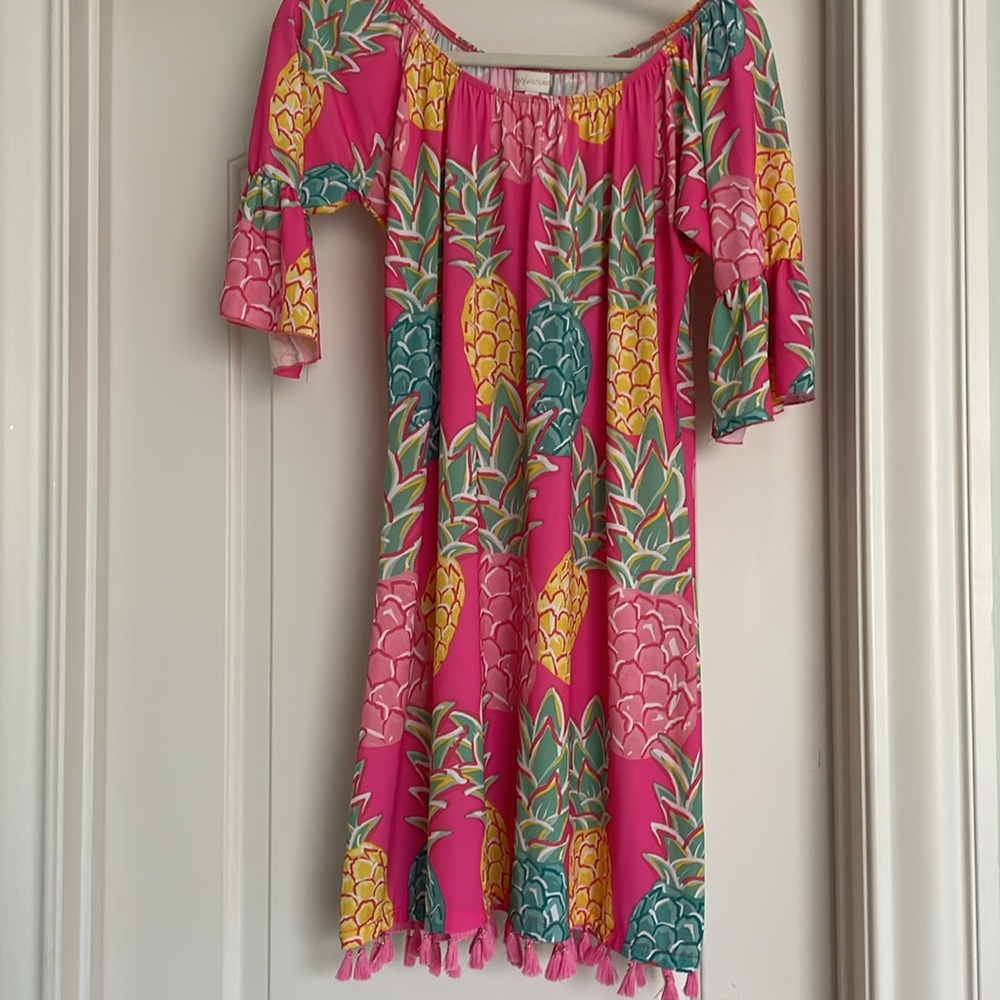 Simply Southern Colorful Pineapple Tropical Tassel Shift Dress Size Medium EUC
